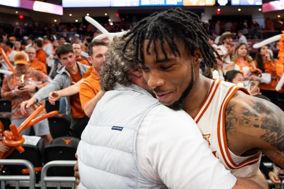 Texas guard Tyrese Hunter, right, has entered the transfer portal and also is waiting for his NBA draft evaluation. He was the Big 12's freshman of the year with Iowa State.