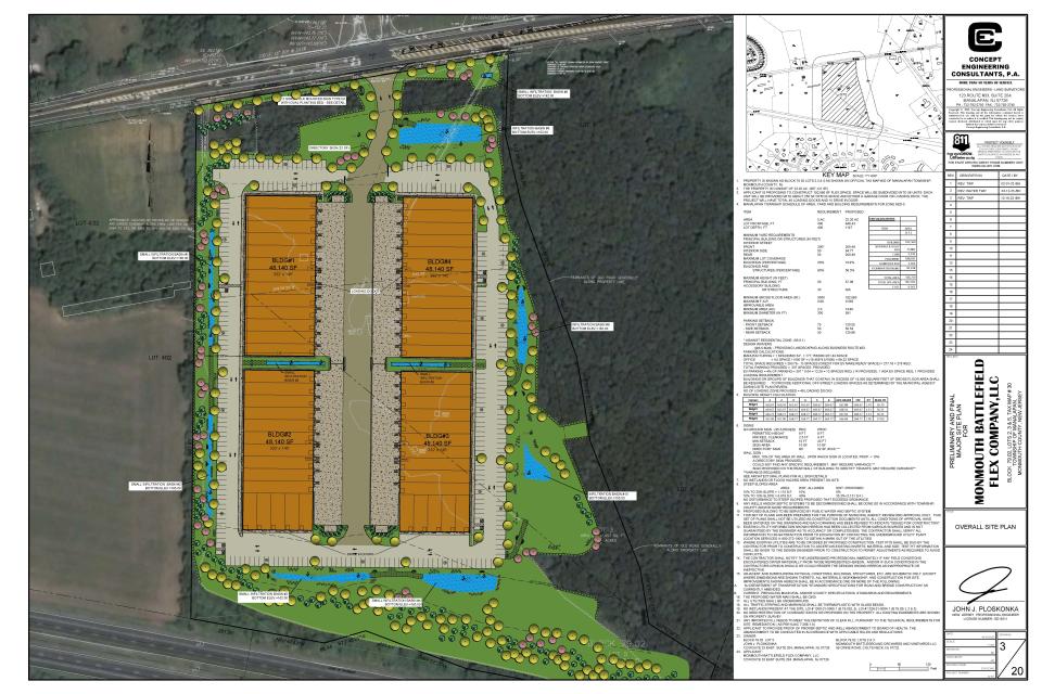 Site plans for a proposed flex space building right across the entrance of Monmouth Battlefield State Park