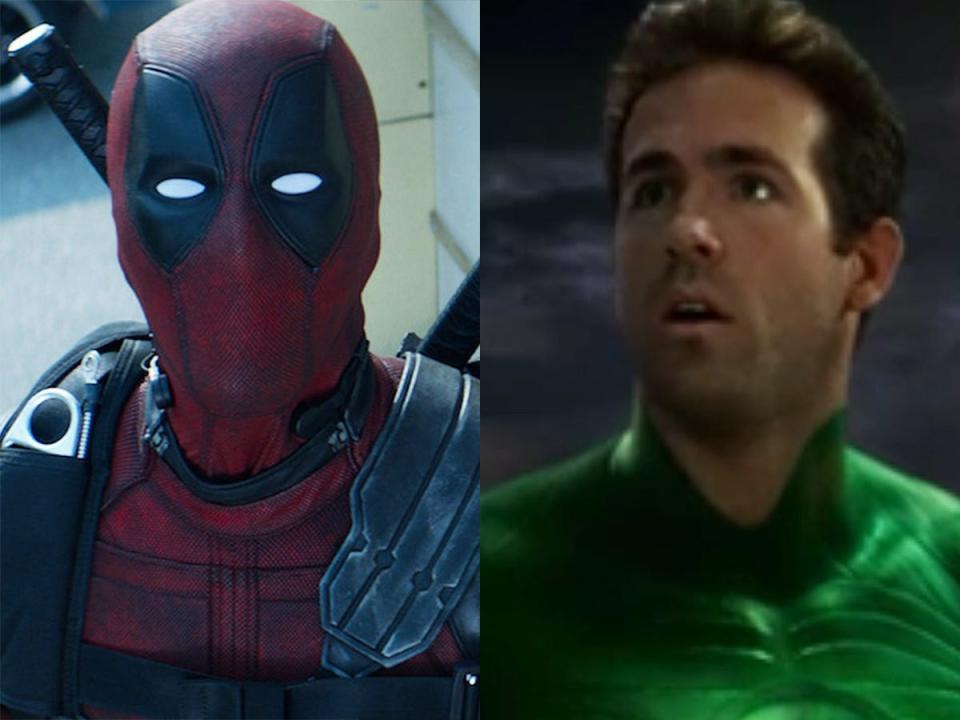 On the left: Ryan Reynolds as Wade Wilson/Deadpool in "Deadpool 2." On the right: Reynolds as Hal Jordan/Green Lantern in "Green Lantern."
