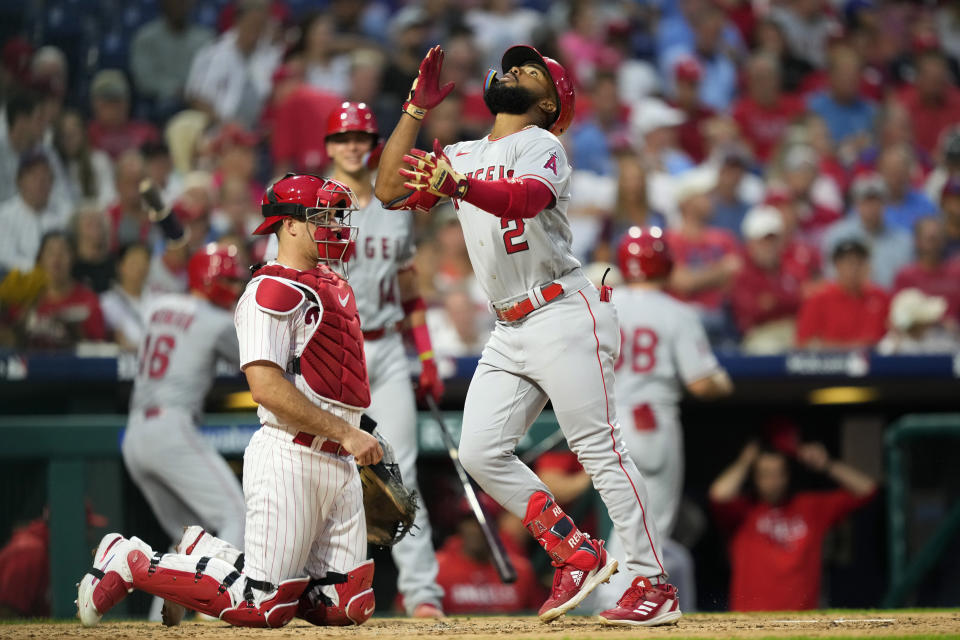 Los Angeles Angels' Luis Rengifo (2) reacts after hitting a home run against Philadelphia Phillies pitcher Michael Lorenzen during the fourth inning of a baseball game, Tuesday, Aug. 29, 2023, in Philadelphia. (AP Photo/Matt Slocum)