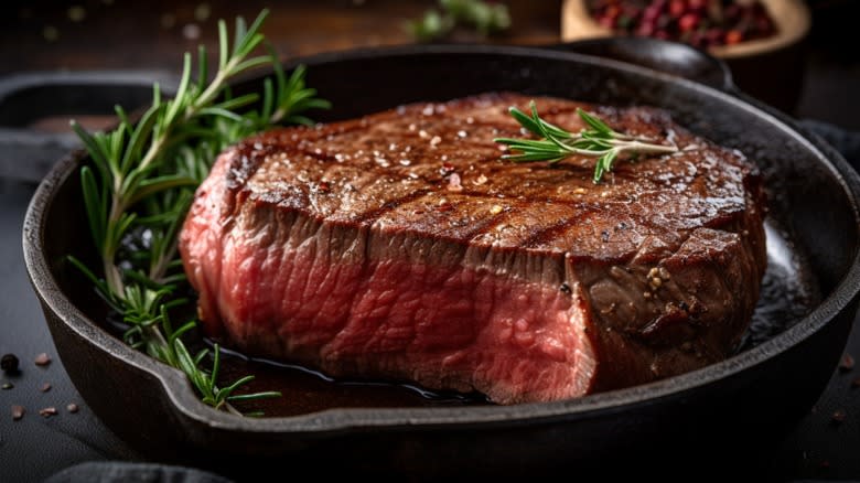 steak in pan with herbs