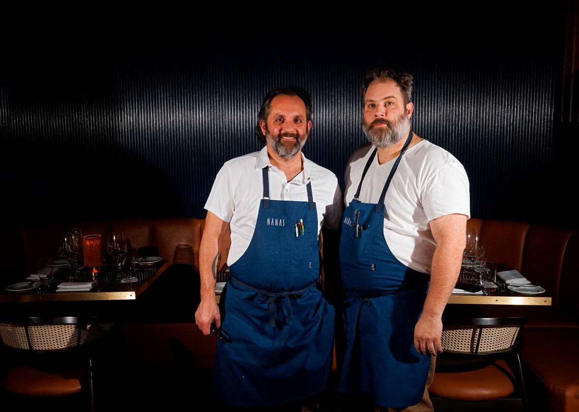 Nate Garyantes and Matthew Kelly, co-chefs and co-owners of Nanas, are photographed in the restaurant’s salon on Wednesday, Nov. 22, 2023, in Durham, N.C.