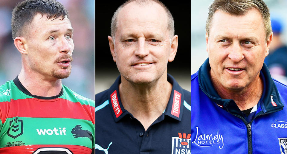 Pictured left to right, Damien Cook, Michael Maguire and new Souths assistant coach David Furner.