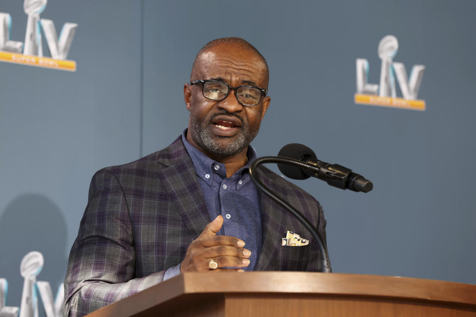 Executive director of the NFL Players Association DeMaurice Smith speaks during a press conference ahead of Super Bowl LV, Thursday, Feb. 4, 2021 in Tampa, Fla. (Perry Knotts via AP)