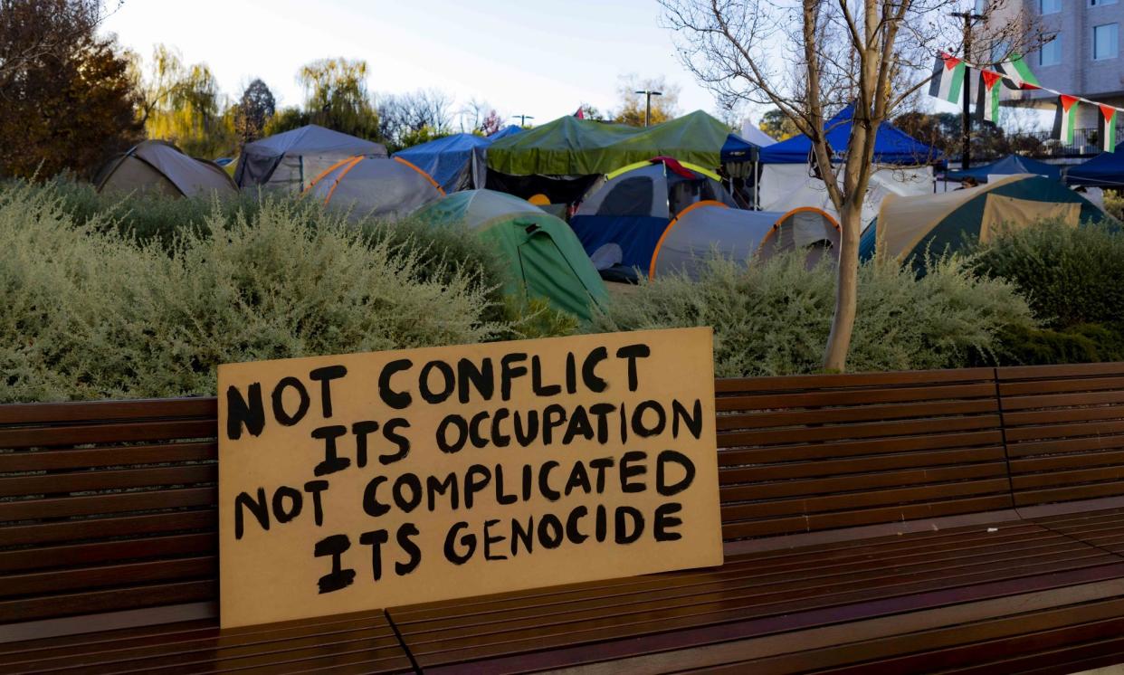 <span>The pro-Palestine encampment at the Australian National University in Canberra was moved 50 metres ahead of a noon deadline to disband.</span><span>Photograph: Xinhua/Rex/Shutterstock</span>