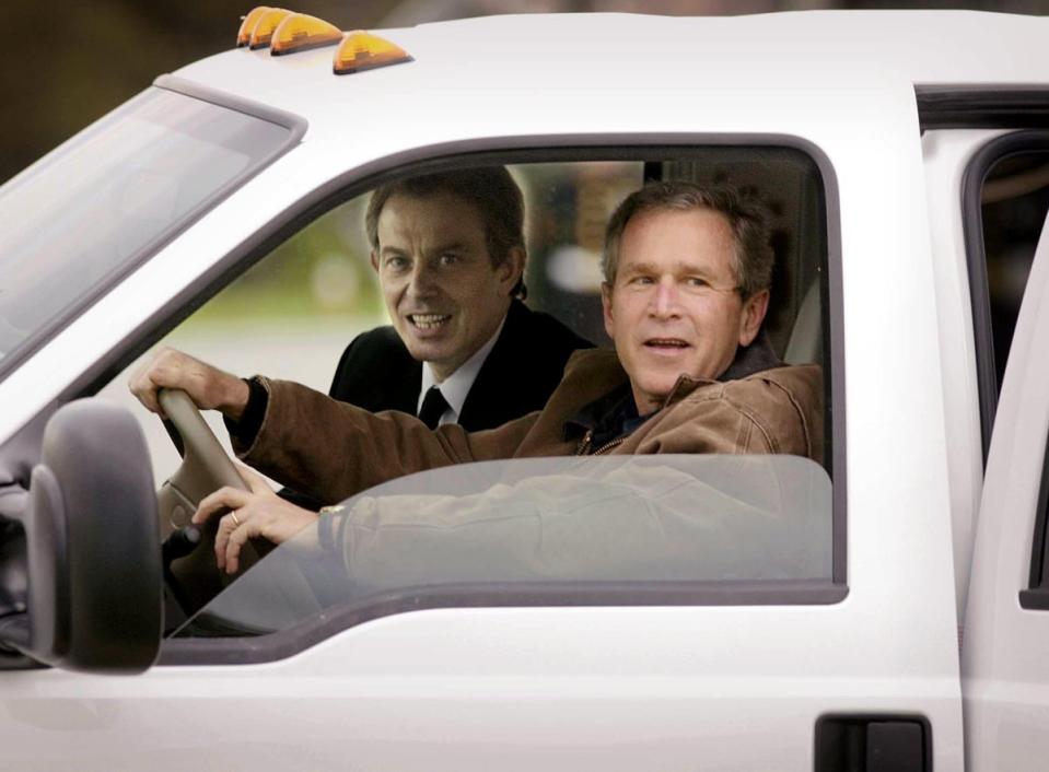 President George W Bush drives with Tony Blair on the ranch in Crawford, Texas (AFP/Getty)