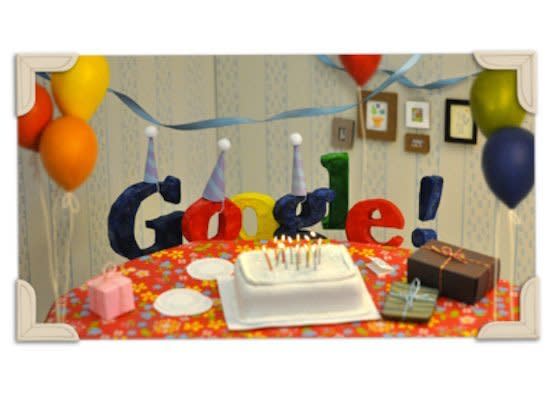 Google celebrated its 13th anniversary on September 27, 2011, with a simple, birthday-themed doodle and a scrapbook-style doodle featuring the company's logo letters dressed in a birthday hats and sitting around presents and a birthday cake. <a href="http://www.huffingtonpost.com/2011/09/27/googles-13th-birthday-doodle-logo_n_982798.html" target="_hplink">Check out more photos here</a>.