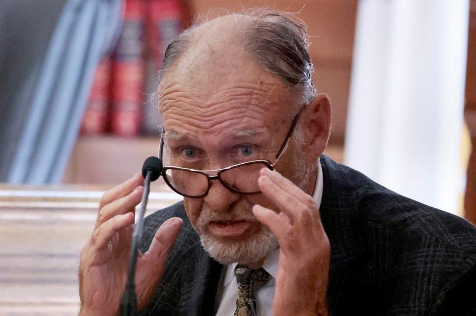 Retired forensic pathologist Dr. Frank Sheridan is questioned by defense attorney Elizabeth Little during the murder trial of Karen Read at Norfolk Superior Court, in Dedham, Massachusetts, Monday, June 24, 2024. (Pat Greenhouse/The Boston Globe via AP, Pool)