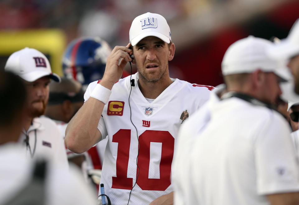 New York Giants quarterback Eli Manning on the bench against the Tampa Bay Buccaneers during the second half of an NFL football game Sunday, Sept. 22, 2019, in Tampa, Fla. (AP Photo/Jason Behnken)