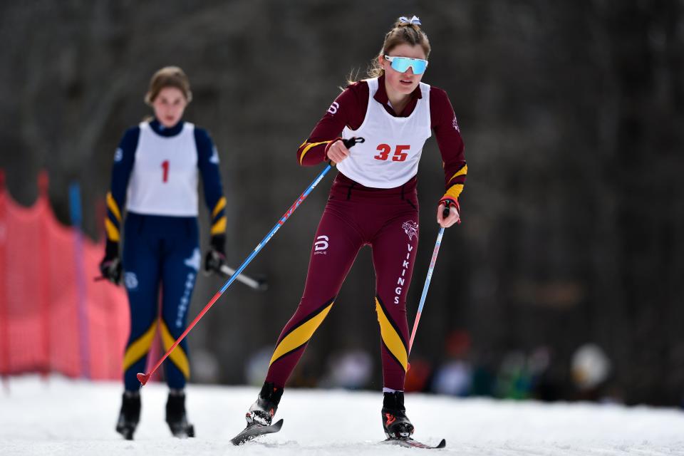 Pittsford Mendon's Claire Pippin (35) competes in the distance race during the Section V Nordic Skiing Championships at the Bristol Mountain Nordic Center, Monday, Feb. 13, 2023.