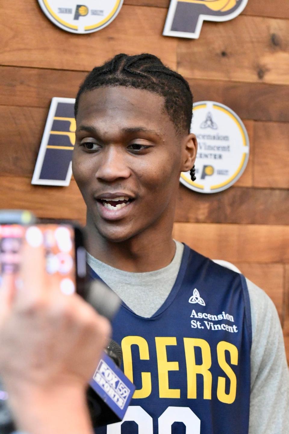 Bennedict Mathurin speaks to the media during Pacers Summer League practice at Ascension St. Vincent Center in Indianapolis on July 1, 2022.