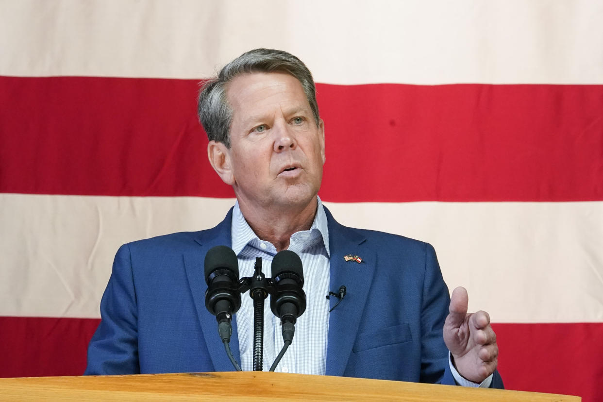 Georgia Gov. Brian Kemp speaks during a Get Out the Vote Rally, on May 23, 2022, in Kennesaw, Ga. After incumbent Kemp refused to accept former President Donald Trump's baseless claims of widespread voter fraud in Georgia, he sought retribution by personally recruiting former Republican Sen. David Perdue to mount a primary challenge. (AP Photo/Brynn Anderson, File)