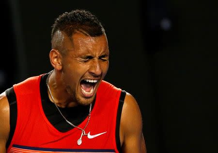 Australia's Nick Kyrgios reacts during his third round match against Czech Republic's Tomas Berdych at the Australian Open tennis tournament at Melbourne Park, Australia, January 22, 2016. REUTERS/Thomas Peter