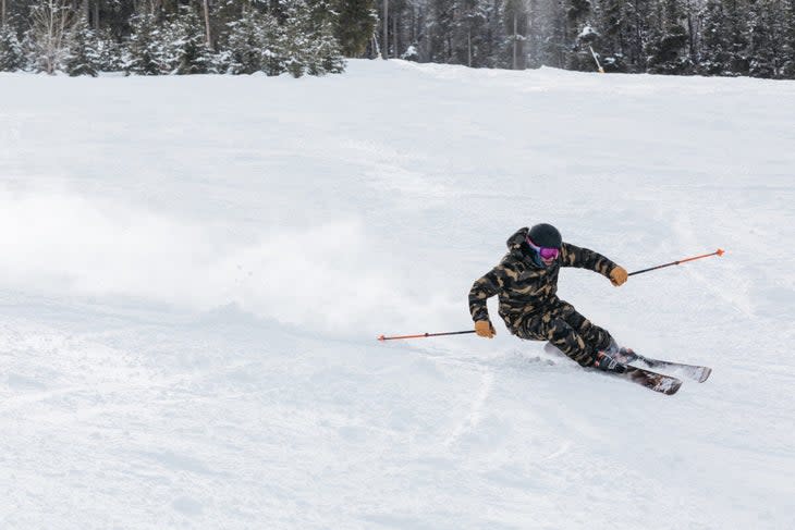 Ski tester on all-mountain wide ski