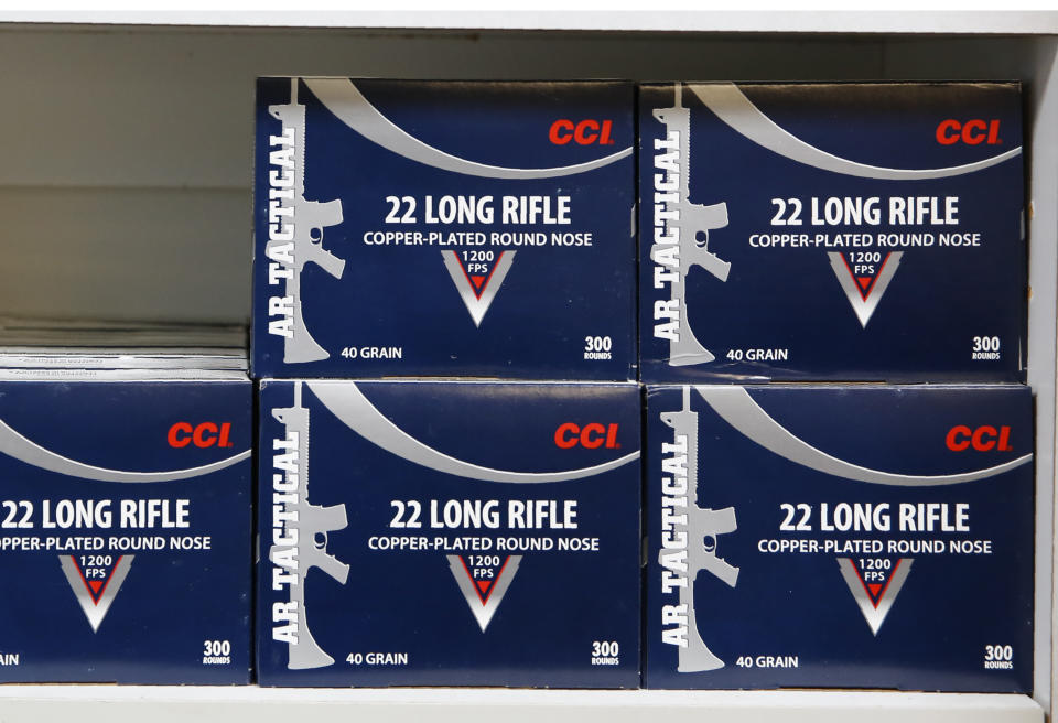 FILE - In this photo June 11, 2019, file photo boxes of .22 caliber ammunition are displayed for sale at the Foothill Ammo store in Shingle Springs, Calif. The California Rifle & Pistol Association on Monday, July 22, 2019, asked San Diego-based U.S. District Judge Roger Benitez to block a new law requiring background checks on ammunition buyers and related restrictions on ammo sales. Voters approved tightening California's already strict firearms laws in 2016, but the restrictions took effect July 1. (AP Photo/Rich Pedroncelli, File)