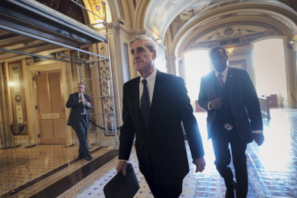 Special counsel Robert Mueller departs after a closed-door meeting with members of the Senate Judiciary Committee about Russian meddling in the election at the Capitol in Washington in 2017. (AP Photo/J. Scott Applewhite)