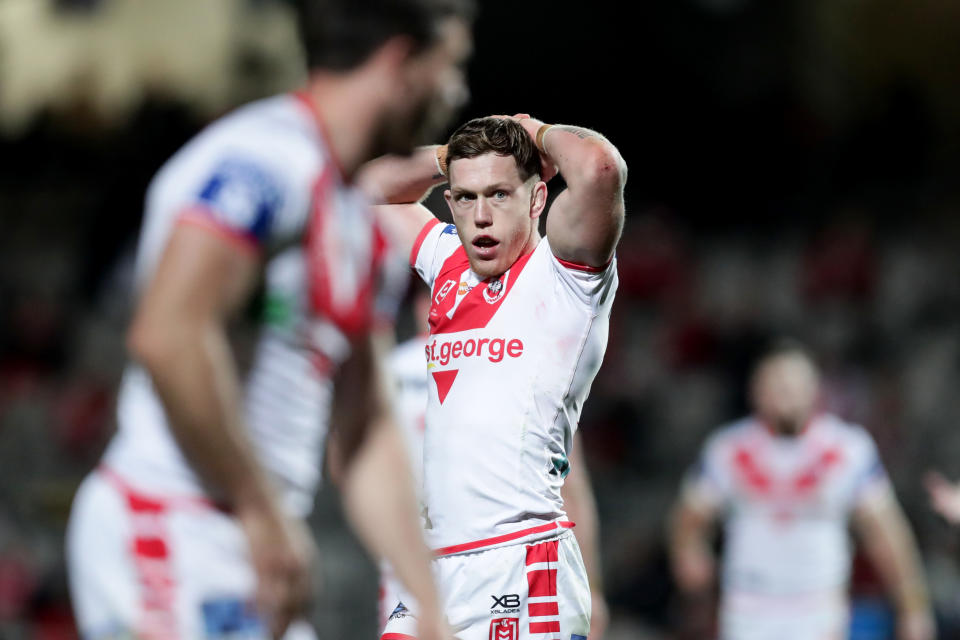 Cameron McInnes of the Dragons looks on during the round 16 NRL match between the St George Illawarra Dragons and the Gold Coast Titans at Netstrata Jubilee Stadium on August 28, 2020 in Sydney, Australia