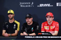 Formula One F1 - Monaco Grand Prix - Circuit de Monaco, Monte Carlo, Monaco - May 22, 2019 Ferrari's Charles Leclerc with Mercedes' Valtteri Bottas and Renault's Daniel Ricciardo during a press conference ahead of the Monaco Grand Prix REUTERS/Gonzalo Fuentes