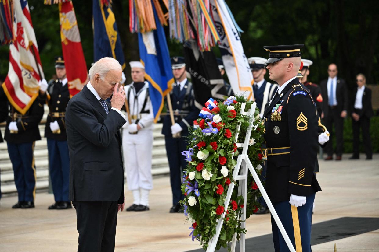 US President Joe Biden participates in a wreath-laying ceremony at the Tomb of the Unknown Soldier in Arlington National Cemetery in Arlington, Virginia, on May 29, 2023, in observance of Memorial Day. (Photo by Mandel NGAN / AFP) (Photo by MANDEL NGAN/AFP via Getty Images)