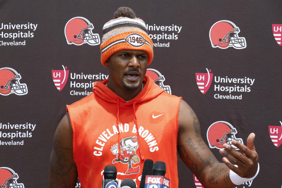 FILE - Cleveland Browns quarterback Deshaun Watson answers a question during a press conference after practice at the NFL football team's practice facility Wednesday, June 7, 2023, in Berea, Ohio. Deshaun Watson is practicing Thursday, Oct. 19, 2023, for the first time in nearly three weeks and after missing two games with an injured right shoulder. (AP Photo/Ron Schwane, File)