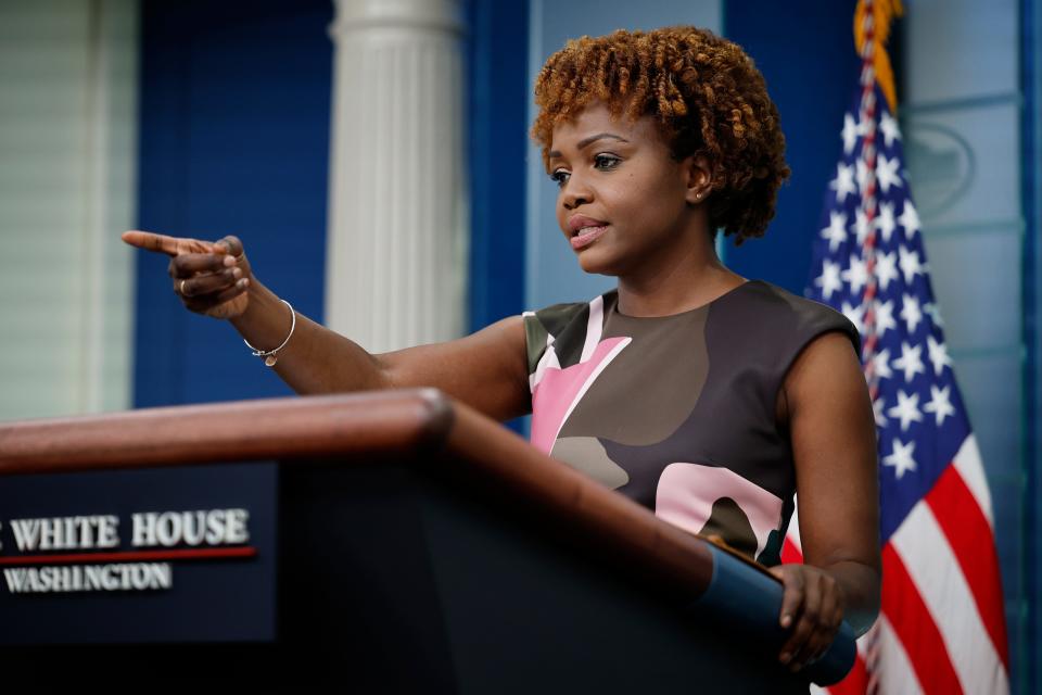 WASHINGTON, DC - AUGUST 09: White House Press Secretary Karine Jean-Pierre speaks to reporters during the daily news conference in the Brady Press Briefing Room at the White House on August 09, 2022 in Washington, DC. Jean-Pierre avoided answering a number of questions about the Federal Bureau of Investigation's Monday raid of former President Donald Trump's home in Mar-A-Lago, Florida. (Photo by Chip Somodevilla/Getty Images)