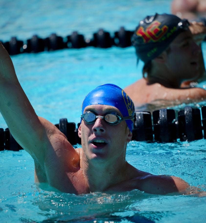 Nordhoff High's Quin Seider celebrates one of his victories at the CIF-State Swimming & Diving Championships at Clovis Olympic Swim Complex on Saturday, May 11, 2024. Seider won the state titles in the 100 freestyle and 200 freestyle.