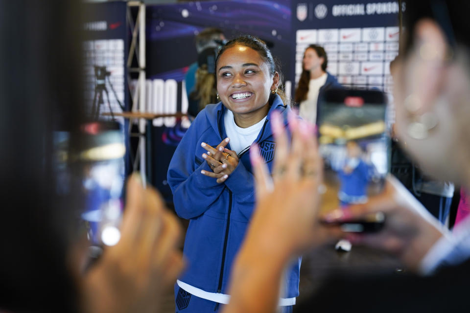 Alyssa Thompson speaks to reporters during the 2023 Women's World Cup media day for the United States Women's National Team in Carson, Tuesday, June 27, 2023. (AP Photo/Ashley Landis)