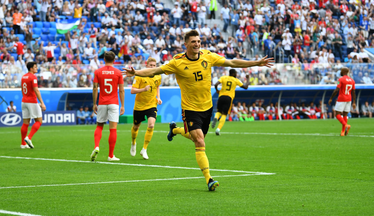 Thomas Meunier celebrates after scoring Belgium’s early goal in Saint Petersburg