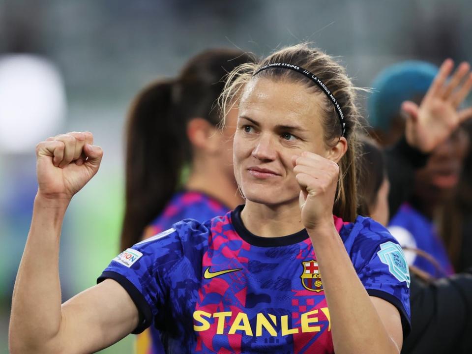 Barcelona’s Irene Paredes celebrates her side’s semi-final win against Wolfsburg (Getty Images)