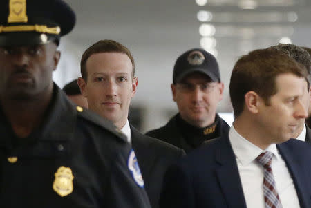 Facebook CEO Mark Zuckerberg arrives for a meeting with Senator Bill Nelson (D-FL) on Capitol Hill in Washington, U.S., April 9, 2018. REUTERS/Leah Millis