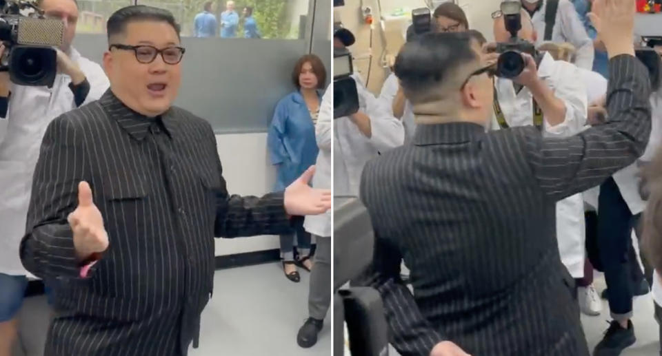 A man known as Howard X stormed the press conference dressed as North Korean leader Kim Jong-un.  Source: Twitter