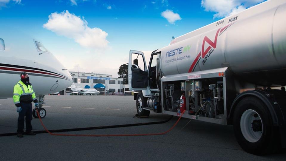 Sustainable Aviation Fuel from an Avfuel truck is pumped to a private plane in Monterey, California. Avfuel is the leading supplier of fuels and services to private and general aviation aircraft in the world.