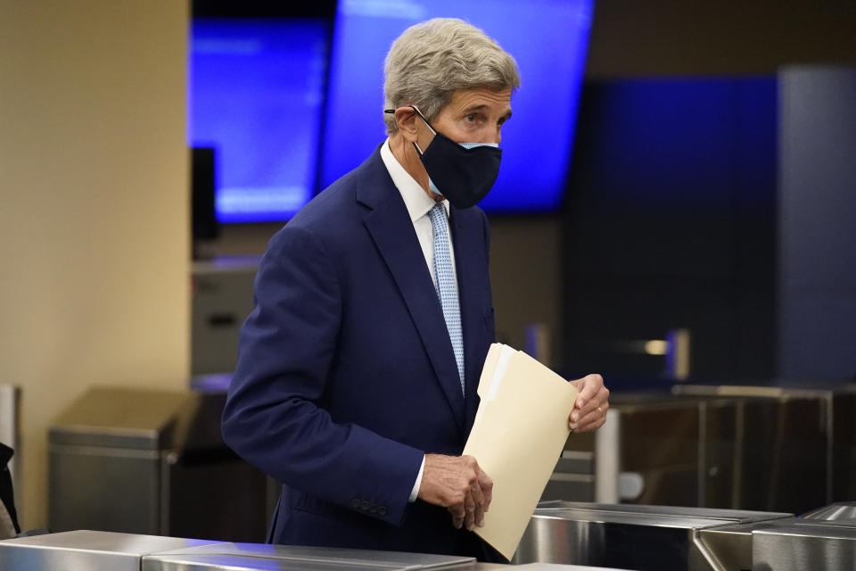 John Kerry, United States Special Presidential Envoy for Climate, arrives at United Nations headquarters, Monday, Sept. 20, 2021, during the 76th Session of the U.N. General Assembly in New York. (AP Photo/John Minchillo, Pool)