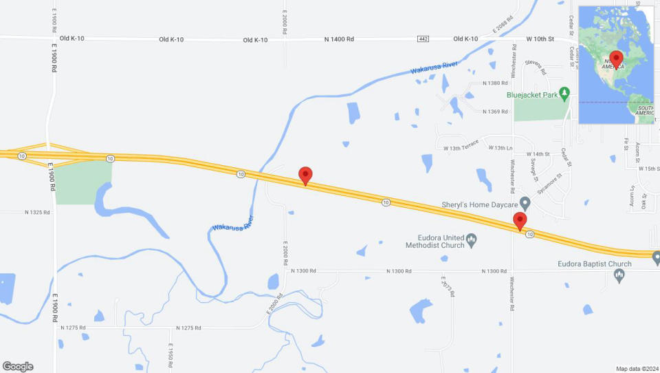 A detailed map that shows the affected road due to 'Heavy rain prompts traffic advisory on eastbound K-10 in Eudora' on April 30th at 7:44 p.m.