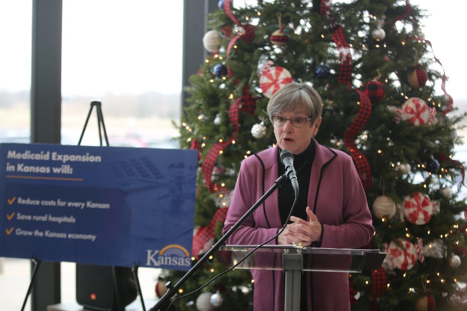 Kansas Gov. Laura Kelly announces her latest proposal to expand Medicaid at Holton Community Hospital on Thursday.