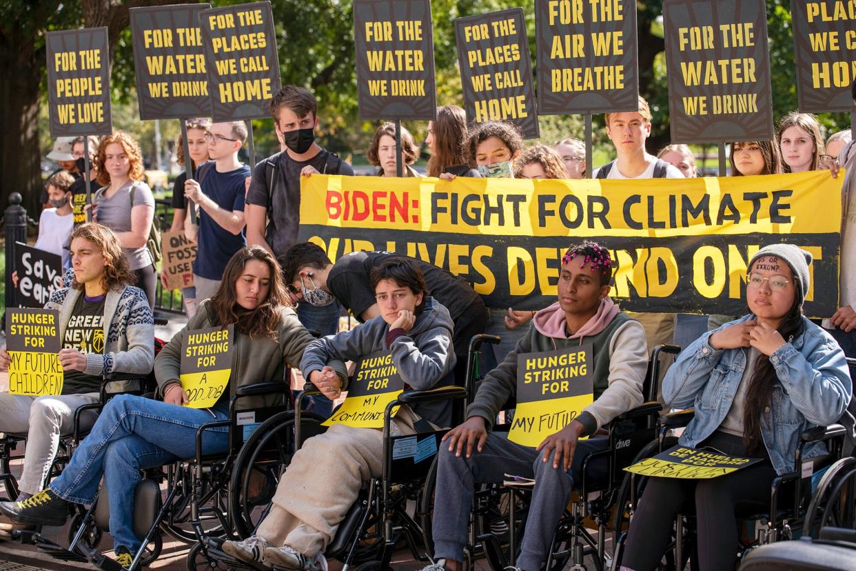 Environmental activists protest and five individuals stage a hunger strike to call for greater climate protections in the current spending bills being debated in Congress in Washington, D.C. on October 22, 2021.