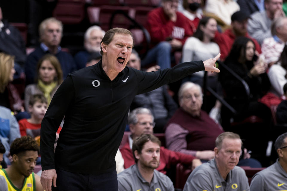 Oregon coach Dana Altman yells to a player during the second half of the team's NCAA college basketball game against Stanford in Stanford, Calif., Saturday, Jan. 21, 2023. Stanford won 71-64. (AP Photo/John Hefti)