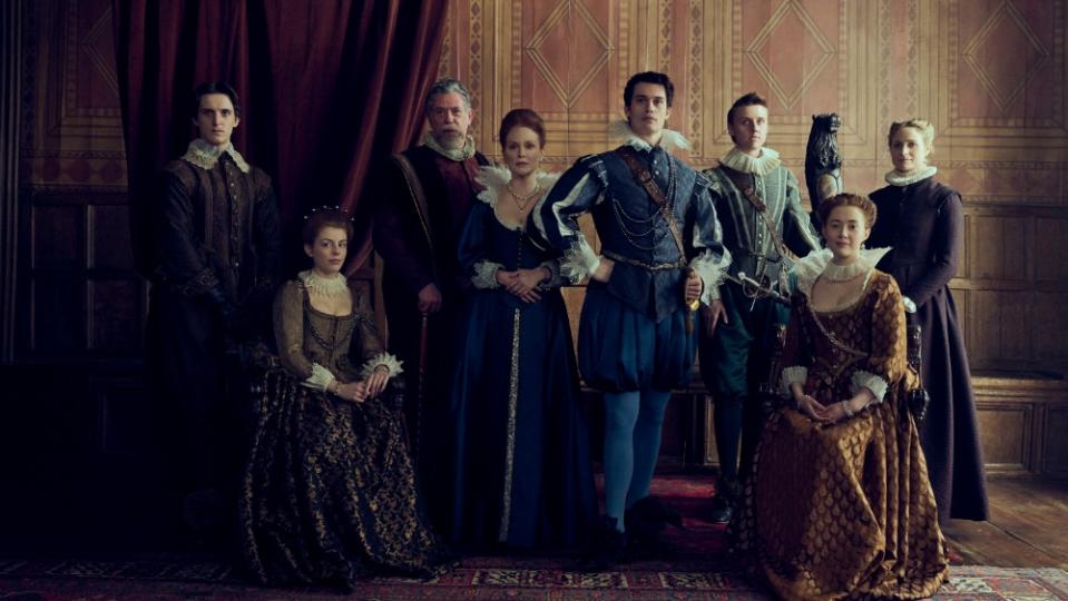 (L-R) John Villiers (Tom Victor), Frances Coke (Amelia Gething), Sir Thomas Compton (Sean Gilder), Mary (Julianne Moore), George Villiers (Nicholas Galitzine), Kit Villiers (Jacob Mccarthy), Susan Villiers (Alice Grant), Sandie (Niamh Algar)