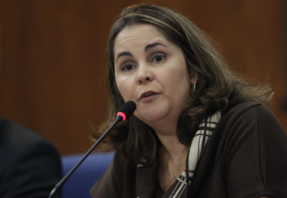 Eugenia Augusta Gonzaga, former president of a commission investigating crimes committed during the Brazil's dictatorship, gives a press conference in Sao Paulo, Brazil, Thursday, Aug. 1, 2019. Brazilian President Jair Bolsonaro’s government is replacing more than half of the members of the commission investigating disappearances and murders during the dictatorship, including its president. (AP Photo/Andre Penner)