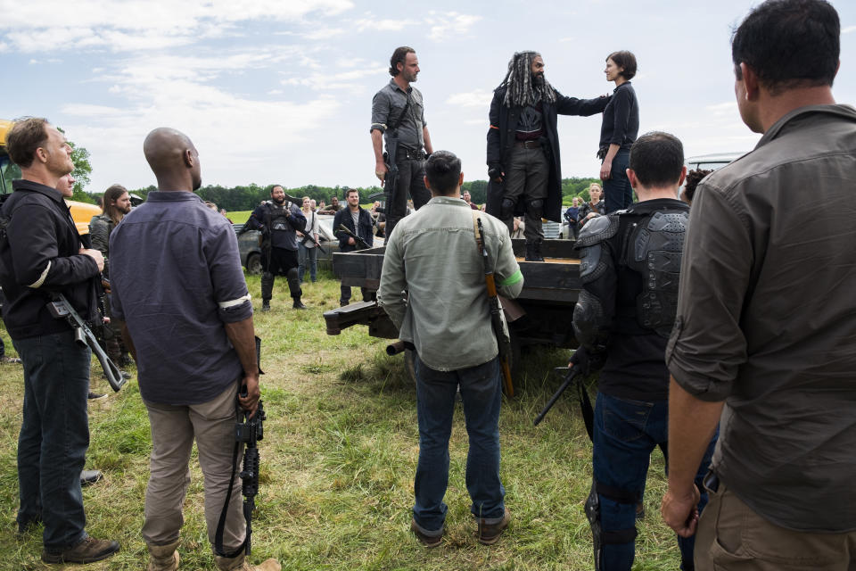 Tom Payne as Paul ‘Jesus’ Rovia, Andrew Lincoln as Rick Grimes, Khary Payton as Ezekiel, Ross Marquand as Aaron, and Lauren Cohan as Maggie Greene in ‘The Walking Dead’ (Photo Credit: Gene Page/AMC)