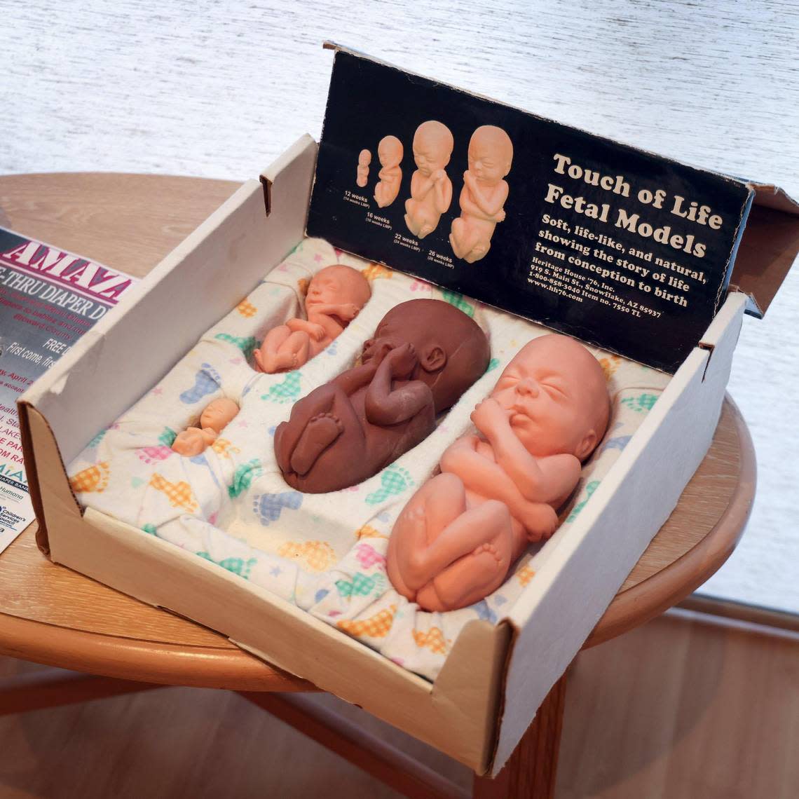 Women visiting the Respect Life Ministry’s Pregnancy Help Center are shown fetal models, depicting various stages of a pregnancy.