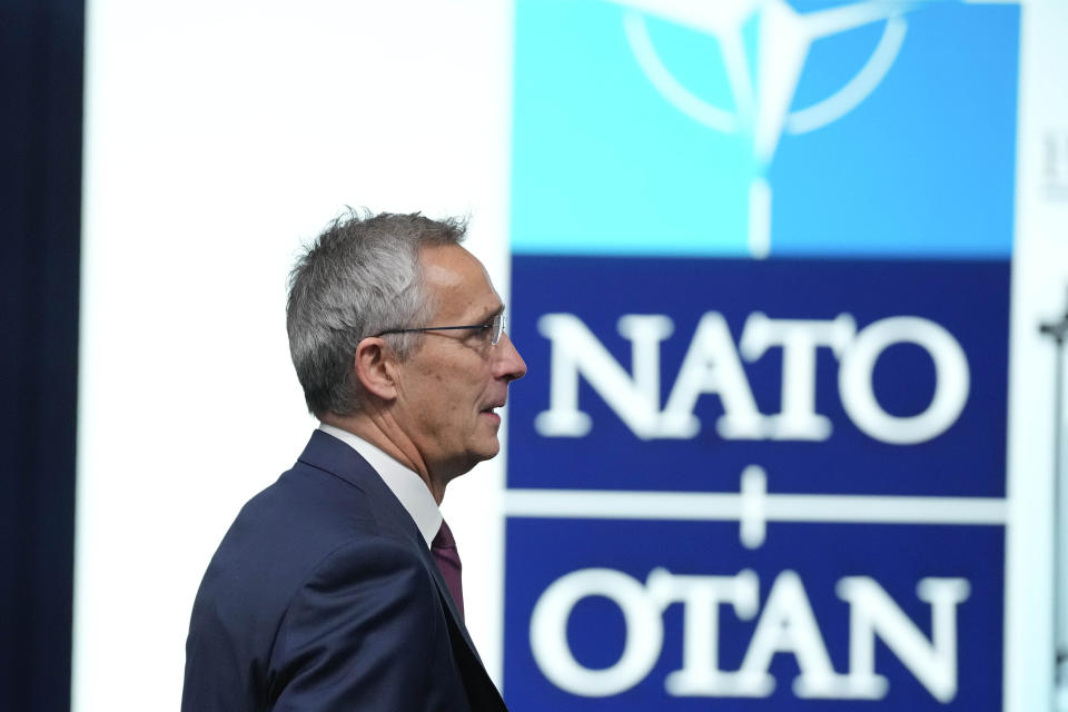 NATO Secretary-General Jens Stoltenberg attends the second day of the meeting of NATO Ministers of Foreign Affairs, in Bucharest, Romania, Wednesday, Nov. 30, 2022. (AP Photo/Andreea Alexandru)