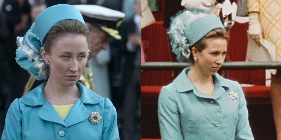 <p>The public began to take note of Princess Anne's style in the early '70s, including her investiture look. The young royal's blue coat dress, diamond brooch, and pillbox hat were recreated for actress Erin Doherty in season 3. </p><p><strong>RELATED</strong>: <a href="https://www.goodhousekeeping.com/life/entertainment/a33612734/princess-anne-70-birthday-photos/" rel="nofollow noopener" target="_blank" data-ylk="slk:Three Stunning New Photos Mark Princess Anne's 70th Birthday;elm:context_link;itc:0;sec:content-canvas" class="link ">Three Stunning New Photos Mark Princess Anne's 70th Birthday</a></p>