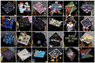 <p>This combination photo shows graduates’ mortar board hats emblazoned with decorations and sayings during a commencement for Medgar Evers College in the Brooklyn borough of New York City, New York, June 8, 2017. (Photo: Carlo Allegri/Reuters) </p>