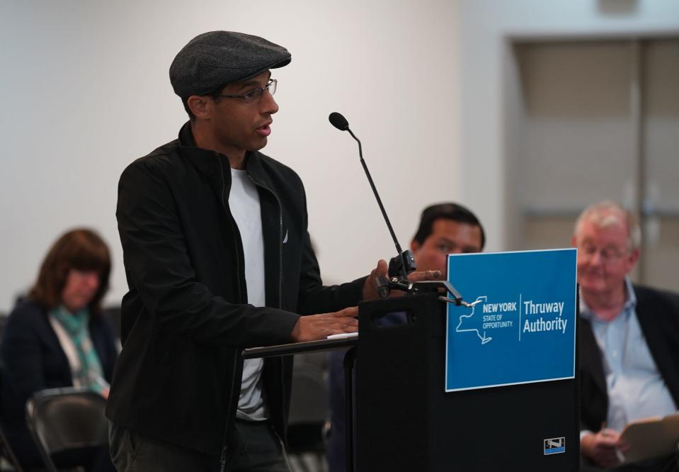 Valley Cottage resident and Local 825 member Greg Sheehan offers comments during a public hearing on toll pricing at Palisades Center Mall in West Nyack on Tuesday, May 16, 2023.