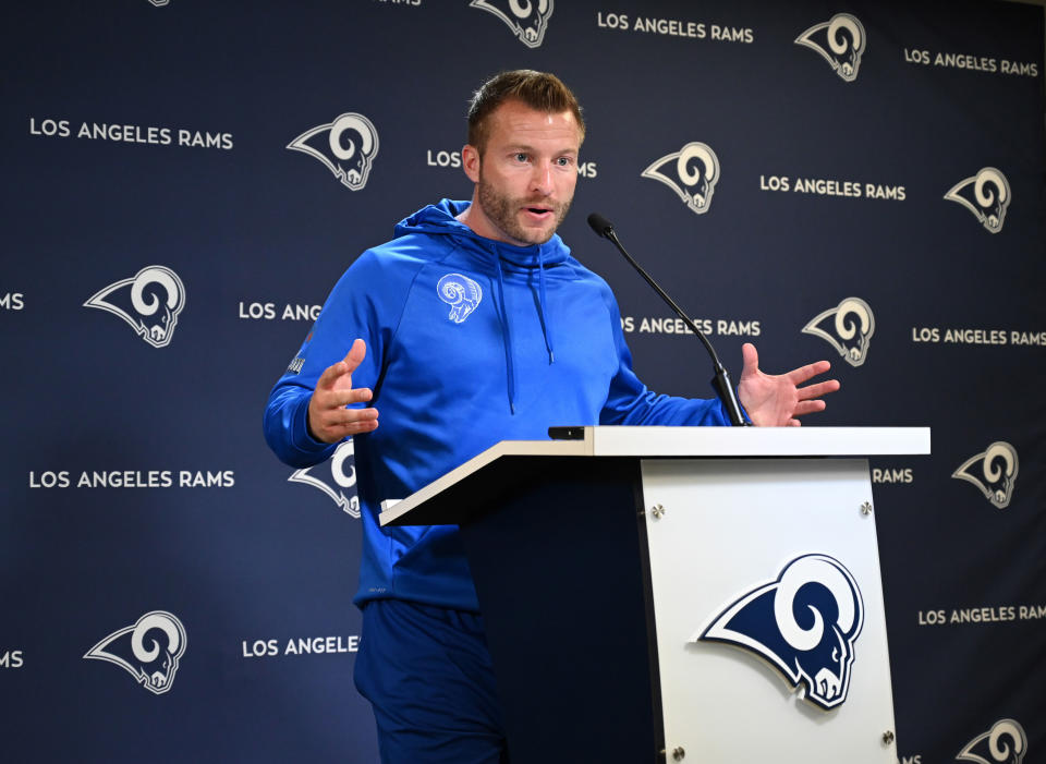 May 20, 2019; Thousand Oaks, CA, USA; Los Angeles Rams head coach Sean McVay at a press conference during organized team activities at Cal Lutheran University. Mandatory Credit: Kirby Lee-USA TODAY Sports