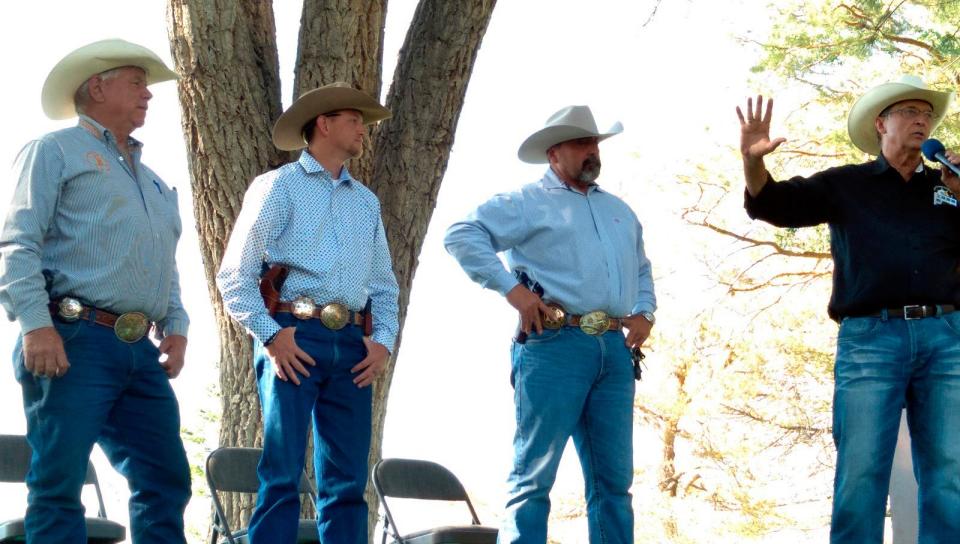 From left to right are Lander County Sheriff Ron Unger, Eureka County Sheriff Jesse Watts, Elko County Sheriff Aitor Narvaiza and Constitutional Sheriffs and Peace Officers Association founder Richard Mack in the Elko City Park in Elko, Nev., on Sunday, June 20, 2020. Rural Nevada residents are celebrating moves by two county commissions to join a "constitutional sheriffs" group that argues local law enforcement has final say over how to interpret laws. (Jeff Mullins/The Daily Free Press via AP)