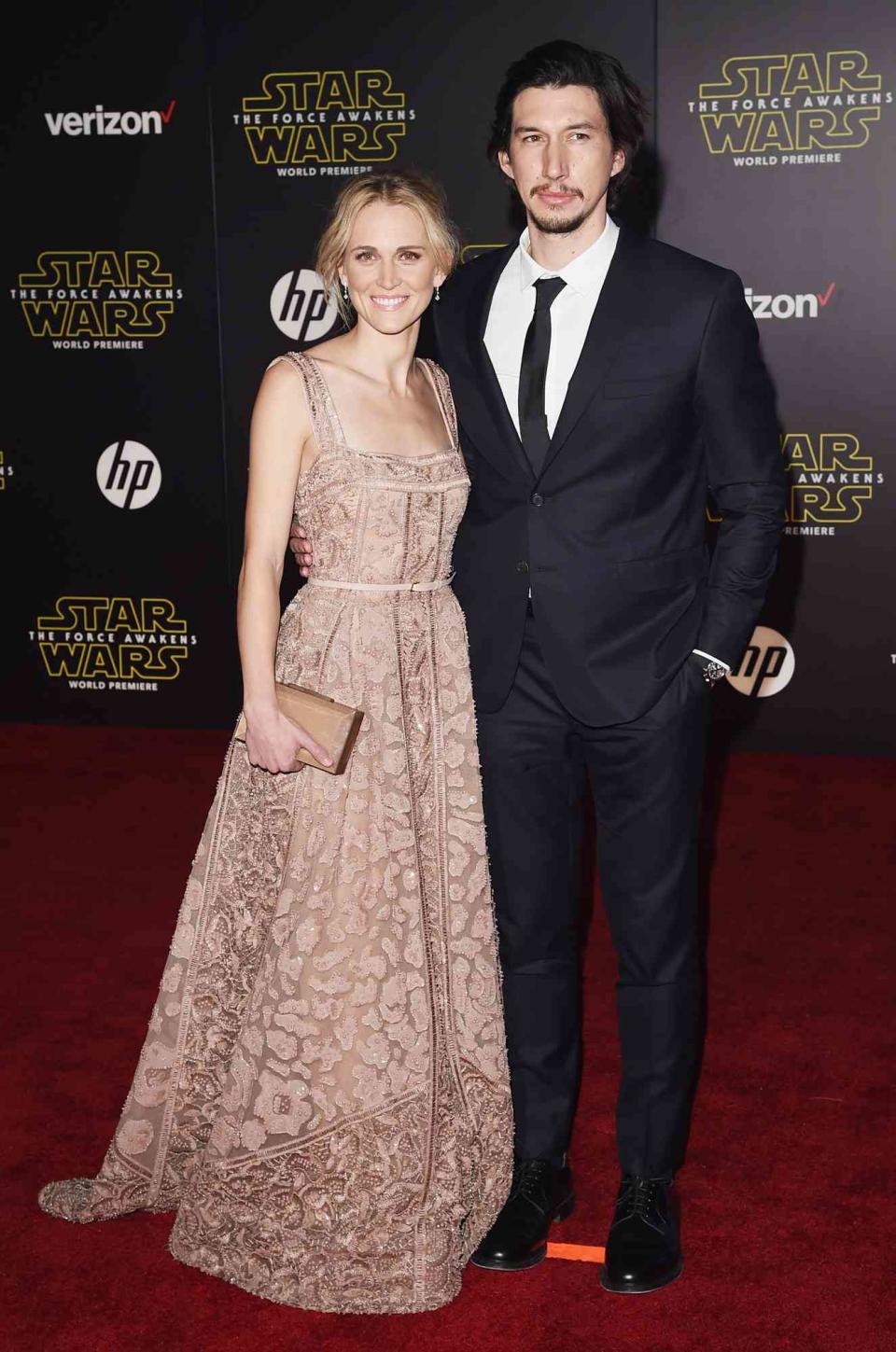 Joanne Tucker and Adam Driver attend the Premiere of Walt Disney Pictures and Lucasfilm's "Star Wars: The Force Awakens" on December 14, 2015 in Hollywood, California