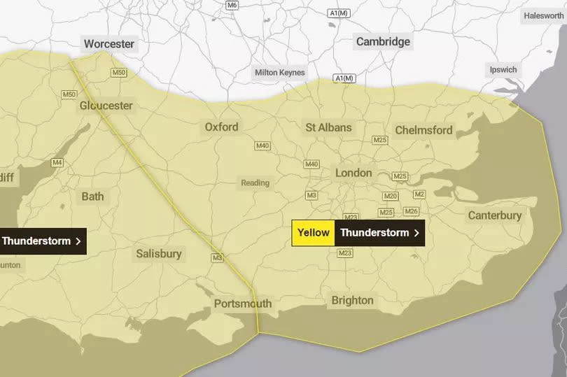 A yellow weather warning for thunderstorms is in place across the south of England (May 1 to 2) -Credit:Met Office