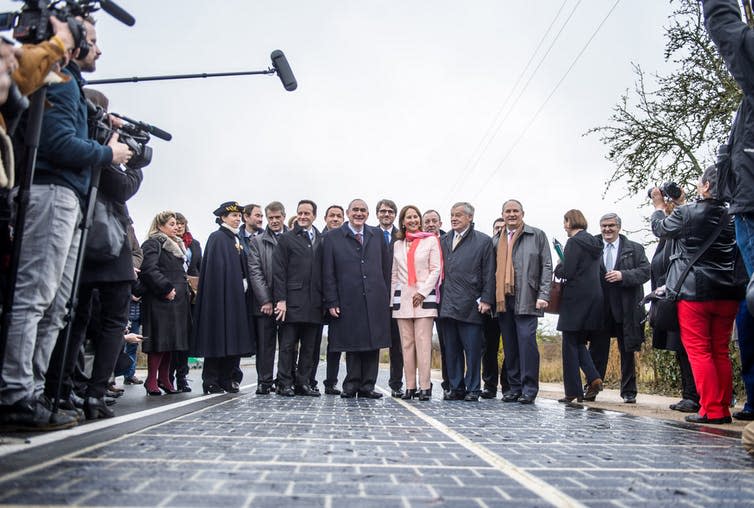 <span class="caption">The solar road is unveiled in Tourouvre au Perche.</span> <span class="attribution"><a class="link " href="http://www.epa.eu/environment-photos/alternative-energy-photos/launch-of-the-first-world-s-solar-road-in-france-photos-53182703" rel="nofollow noopener" target="_blank" data-ylk="slk:Christophe Petit Tesson/EPA;elm:context_link;itc:0;sec:content-canvas">Christophe Petit Tesson/EPA</a></span>